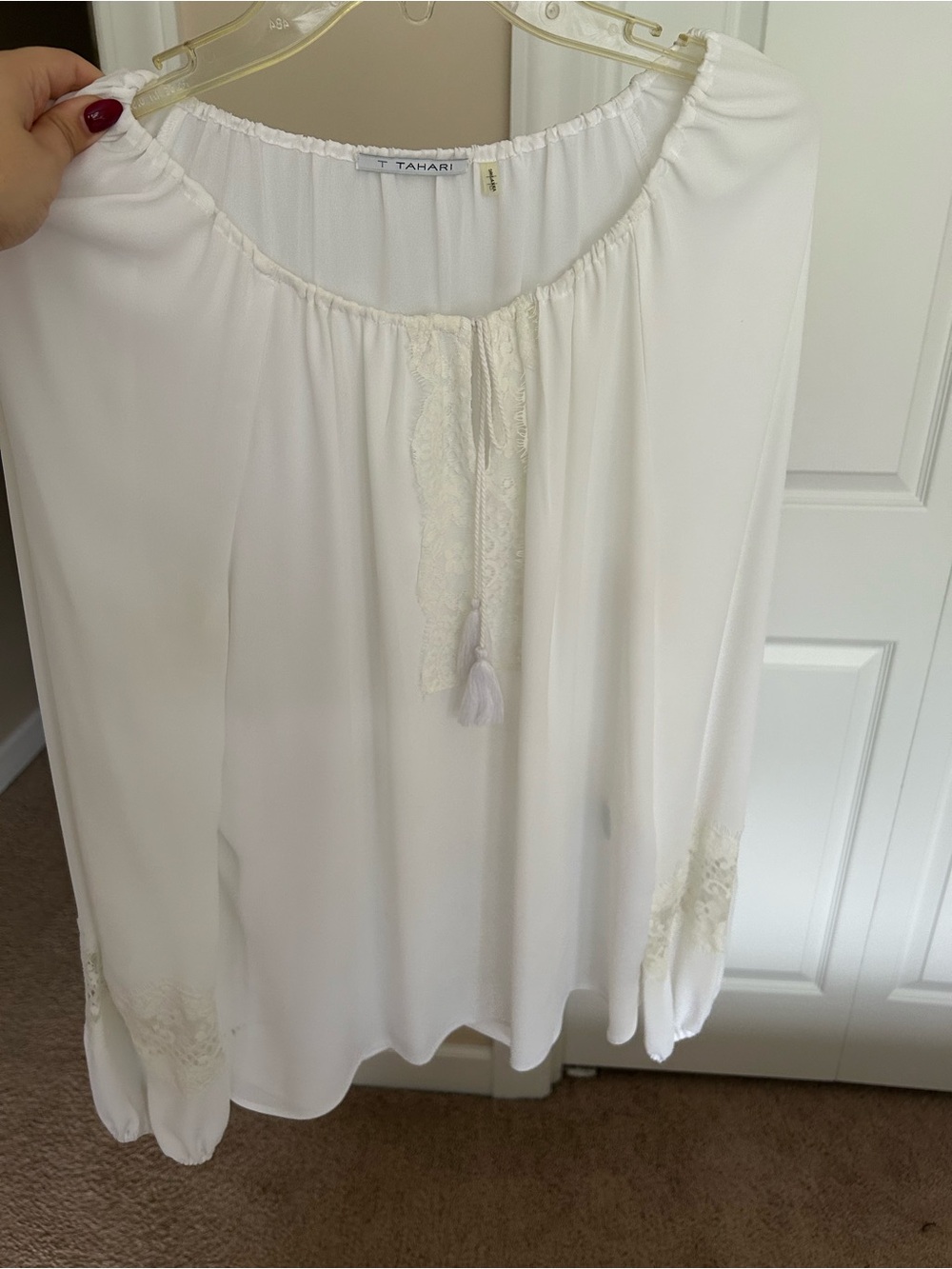 T Tahari White Lace-Trim Peasant Blouse